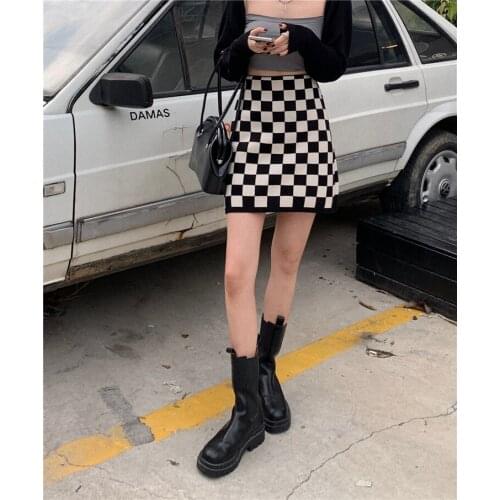 2021 autumn new checkerboard knitted skirt female high waist slimming hot girl casual all-match short skirt
