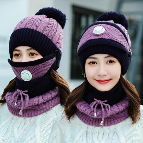 Women Winter Knitted Woolen Cap Face Cover Neck Scarf Bomber Hats Outdoor Warm Keeping Women Neck Warmer Loop Scarf Hat Caps