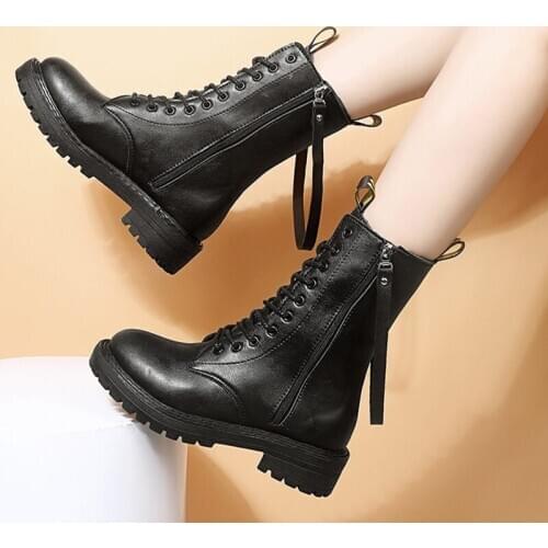 Women Boots Mid Calf Ladies Shoes Fashion PU Leather Autumn Winter Chunky Zipper Non Slip Motorcycle Shoe Plush Warm Woman