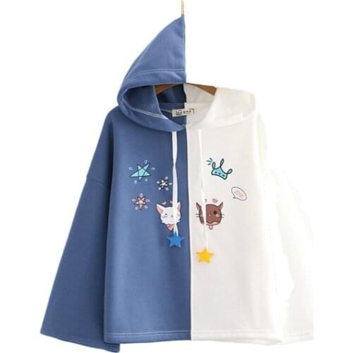 2021 Winter Fashion Fleece Women Hoodies And Sweatshirts Sweet Style Cartoon Print Patchwork Long Sleeve Thick Hooded Pullover