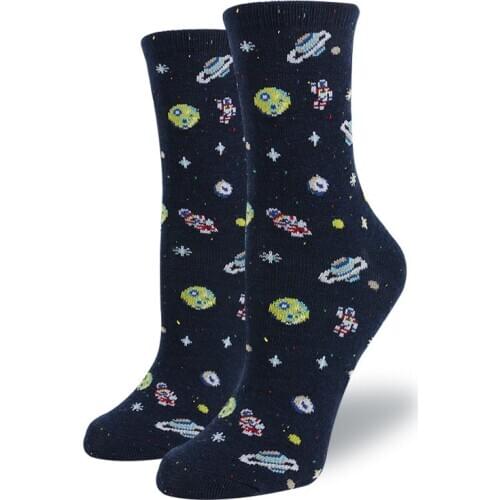 Women Cute Cartoon Space Socks Cotton Alien Planet Cotton Female Socks Girl Creative Funny Socks Black Blue Pattern Fun SOX
