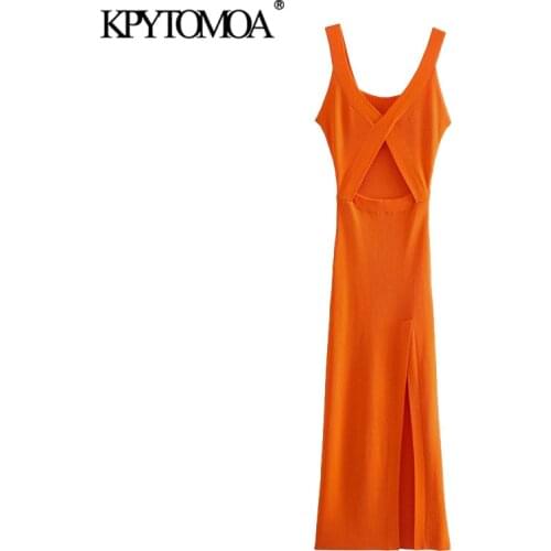 KPYTOMOA Women 2021 Sexy Fashion Hollow Out Side Slit Knit Midi Dress Vintage V Neck Sleeveless Wide Straps Female Dresses Mujer