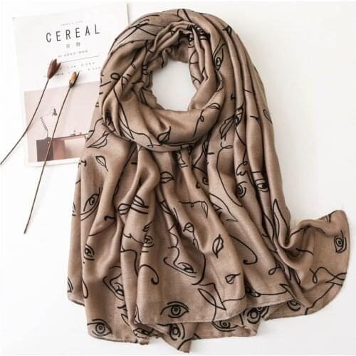 2020 Womens popular cartoon printed scarf autumn and winter Korean style fashion coffee eyes cotton hemp long Sunscreen shawl