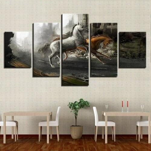 5 Pcs Canvas Pictures Print Wall Art Canvas Abstract Couple Racing Horse Paintings Wall Decor for Living Room Unframe