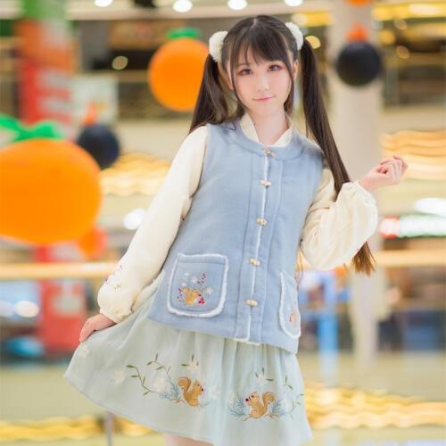 Squirrel Fun Cute Womens Winter Chinese Style Hanfu Vintage 3PCS Set: Cashmere Lining Vest + Long Sleeve Shirt + Skirt Warm