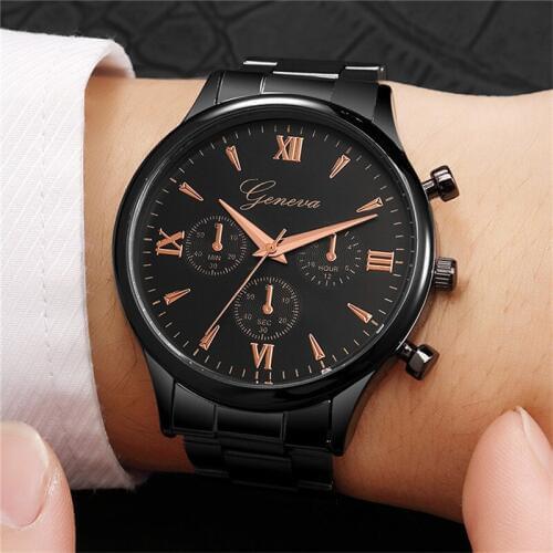 Watch Men 2020 New Stylish Alloy Business Watch Three Eyes Big Dial Rose Gold Wristwatch Full Steel Analog Quartz Saats