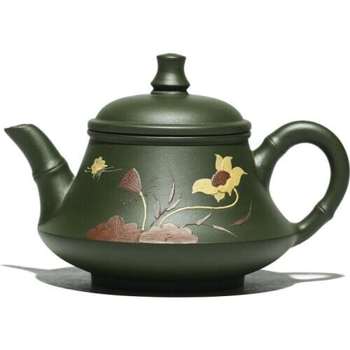 PURPLE SAND YIXING TEAPOT HANDMADE AUTHENTIC MUD GREEN CLAY HANDPAINTED POT