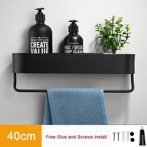Black Bathroom Shelf 30-50cm Length Kitchen Wall Shelves Shower Basket Storage Rack Towel Bar Robe Bathroom Hooks Accessories