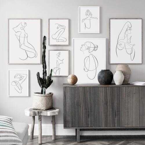 Black White Line Drawing Girl Wall Art Canvas Painting Posters And Prints Nordic Minimalist Wall Pictures For Living Room Decor
