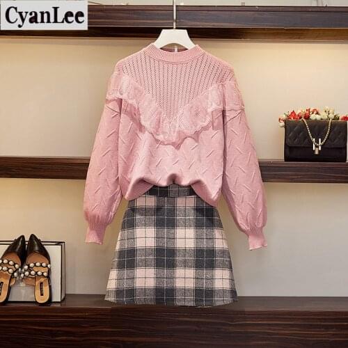Cyanlee 2020 Autumn Winter Casual two piece Women Sets Lace Patchwork Puff Sleeve Sweater + Mini Plaid Skirt A-line 2 Piece Set