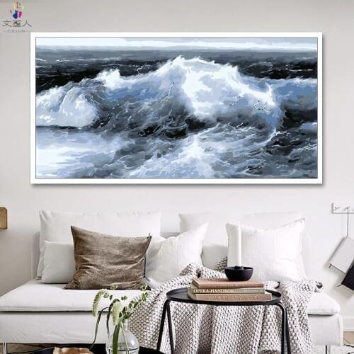 DIY Coloring By Numbers Large size Seascape Stormy Waves pictures paintings drawing By Numbers with kits for wall decor