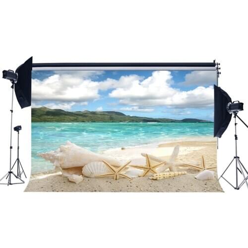 Seaside Sand Beach Backdrop Starfish Shells Island Green Plants Blue Sky White Cloud Summer Journey Ocean Background