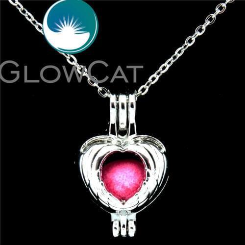 GLOWCAT K537 Wings Heart Beads Cage Aromatherapy Oyster Pearl Cage Locket Necklace 18" Stainless Chains