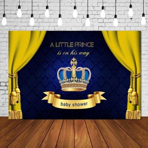 Royal Navy Baby Shower Backdrops A Little Prince Is On His Way Party Banner Golden Crown Photo Background Table Wall Decorations