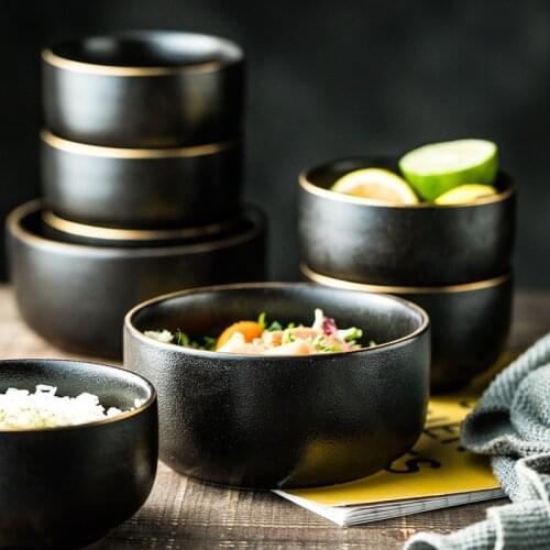 Frosted gold rim straight bowl Japanese eating bowl household ceramic small bowl ramen bowl soup bowl