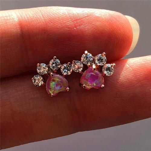 Minimalist Female Pink Fire Opal Stud Earrings Rose Gold Wedding Jewelry Boho Small Heart Dog Cat Paw Claw Earrings For Women