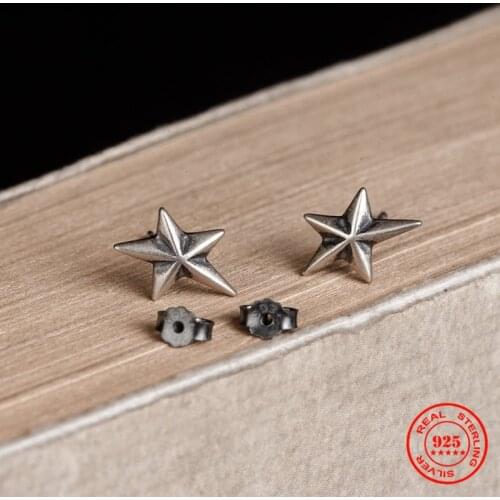 MKENDN 100% 925 Sterling Silver Creative Retro Star Stud Earring Men Women Trendy Street Punk Style Ear Pin Fine Jewelry