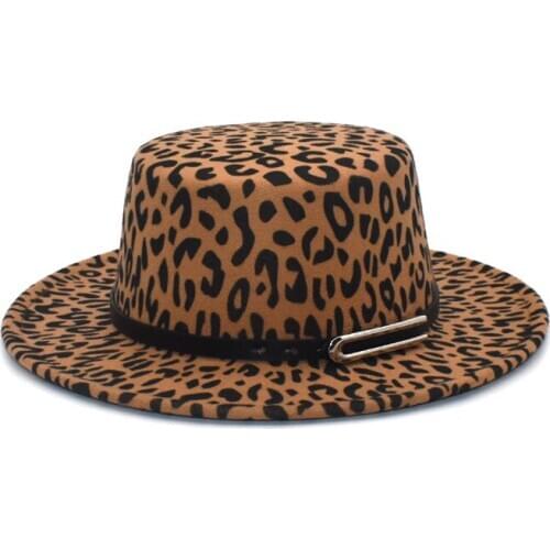 New Leopard Print Flat Top Bowler Hat Winter Autumn Wool Fedora Hat Women Wide Brim Vintage Elegant Lady Jazz Hats P23