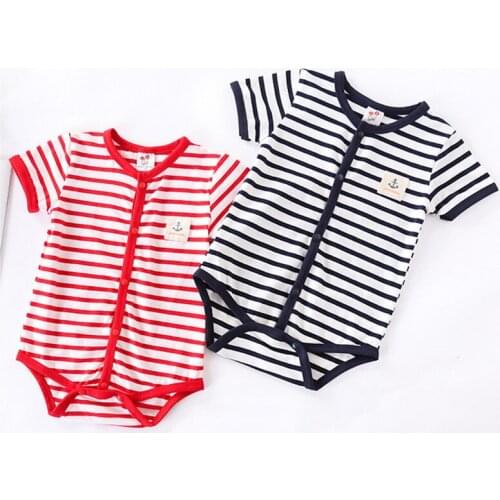 Newborn Boys Girls Clothes Infant One Piece Summer Romper Short Sleeve Navy Striped Style Costume Front Open For 0-18M Unisex