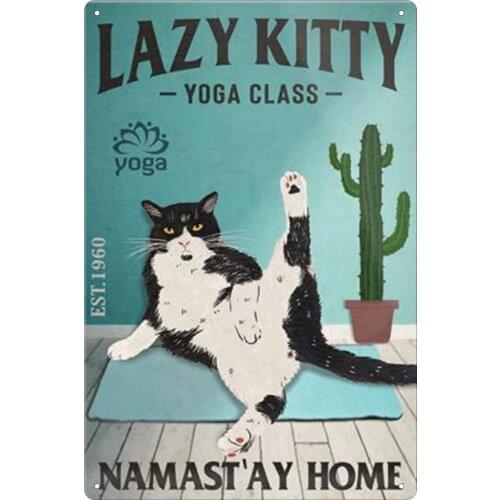 Lazy Cat Yoga Class Tin Sign Vintage Bathroom Toilet Bar Club Cafe Wall Decoration 8x12 Inches
