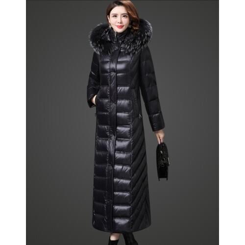90% White Duck Down Womens Down Jackets Fox Fur Collar Hooded Female Winter Parkas Long Warm Slim Women Coats Ropa Zjt1329