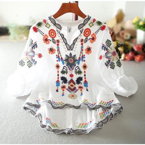 Womens Spring summer v neck embroidery Shirt Female Vintage National Loose Casual Shirt Blouse TB1341