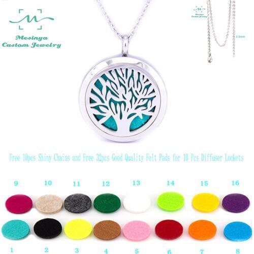 With Shiny Chain! 10pcs mesinya family tree Aromatherapy / Essential Oils surgical Stainless Steel Diffuser Locket Necklace