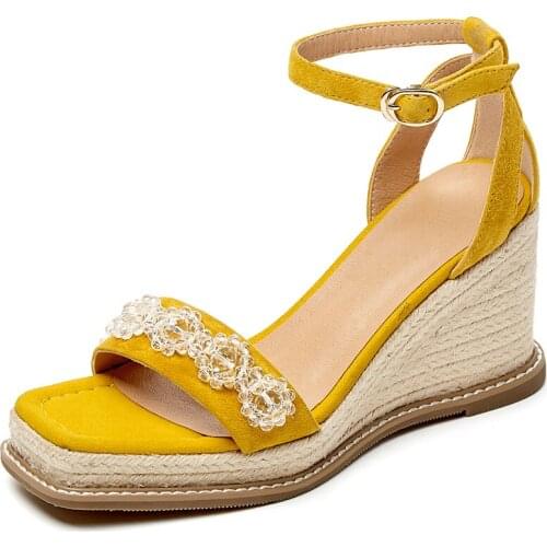 Women Sandals Shoes High Heels Kid Suede Casual Wedges Black Yellow Casual Platform Buckle Strap Shoes Women Footwear LX2