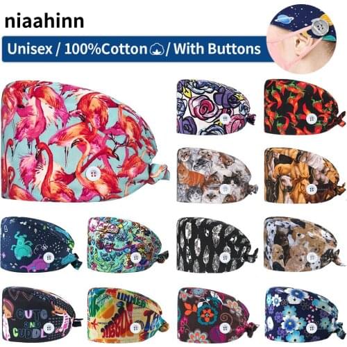 Multicolor 100%cotton Scrubs Women Cap Dental Clinic Doctor Nursing Hat Unisex Adjustable Pet Grooming Scrubs Hat with Sweatband