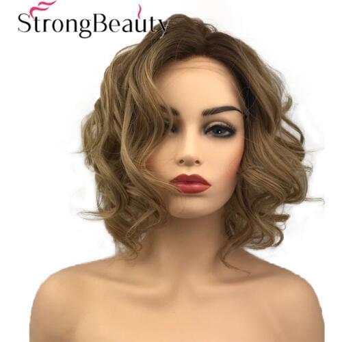 StrongBeauty Synthetic Lace Front Wig Medium Curly Natural Wigs Light Brown/Grey Ombre Hair