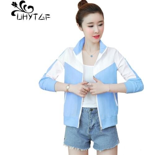UHYTGF loose plus size top women fashion splice Short sun protection clothing Anti-UV breathable outdoor thin summer jacket 823
