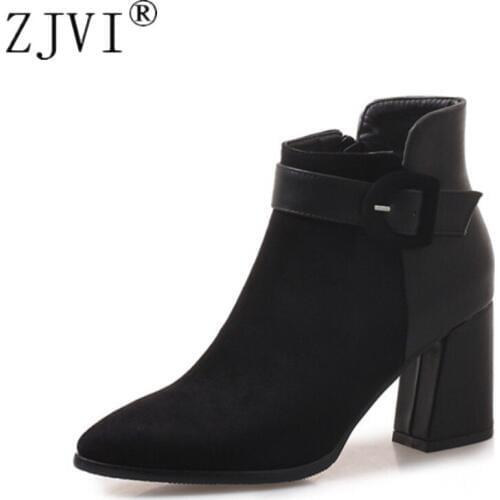 ZJVI Women Suede Pointed Toe Ankle Boots Winter Autumn Woman Square High Heels Boots Ladies Nubuck Buckle Shoes Plus Size 4-13