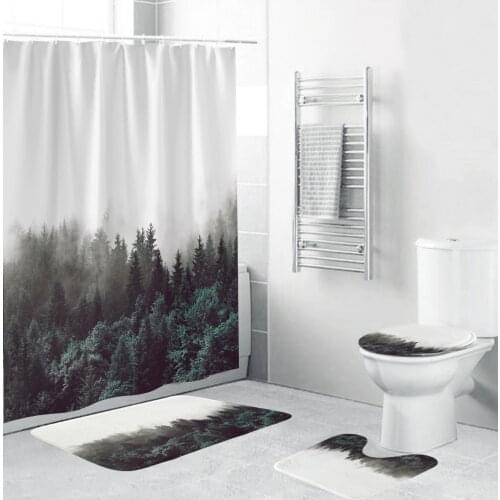 3D Mist Forest Trees Printed Bath Curtains Waterproof Polyester Fabric Shower Curtain Non-Slip Rugs Toilet Lid Cover Mat Carpet