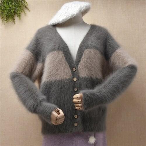 Ladies women fashion hairy plush autumn winter mink cashmere knitted v-neck short style cropped cardigans angora fur jacket coat