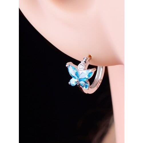 SilJew Women Authentic Real 925 Sterling Silver Animal Butterfly Stud Earrings Beautiful Blue Dazzling Crystal Earrings Jewelry