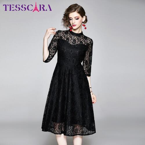 TESSCARA Women Summer Long Casual Lace Dress Festa Female High Quality Elegant Party Robe Femme Designer Red & Black Vestidos
