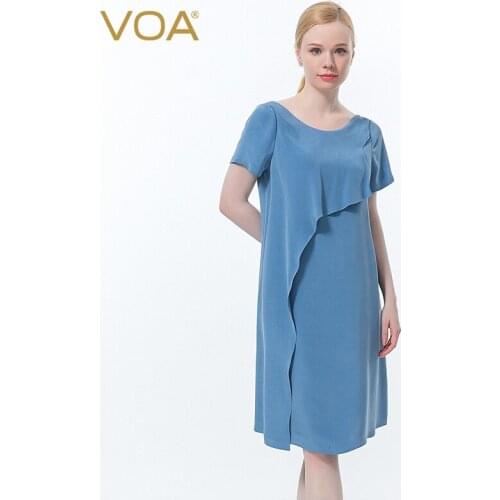 VOA Silk Blue-gray O-Neck Short Sleeve Summer Dress AE937 Three-dimensional Decoration Asymmetrical Loose Casual Womens Dresses