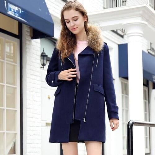 Winter Fall Women Sweet Fur Collar Epaulet Zipper Navy Woolen Coat , Autumn Casual Woman Clothes Wool Coats