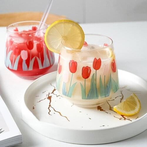 2021 New Style Vintage Tulip Print Transparent Milks Soda Cup Birthday Gift Home Restaurant Mug Drinkware Kitchen Supplies