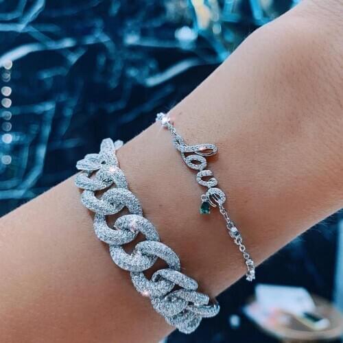 2021 Valentines Day Gift For Lover 3MM Bezel Set CZ Station Link Chain Green Tear Drop Love Letter Bracelet