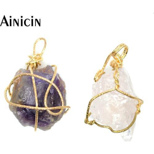 5pcs New Design Rock Purple Crystal Crystal Quartz Gold Wire Wrapped Necklace Pendants Winter Jewelry Making Findings