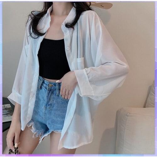 White Tee Shirt Woman long sleeve Chiffon Shirts Female Solid Thin Cardigan tops Womens Clothing 2021 Summer Sunscreen Tshirt