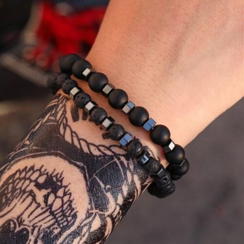 2pcs/set 6mm 8mm beads bracelet lava stone black stone bead pulseira mens jewelry accesorios Men armband buddha bracelets