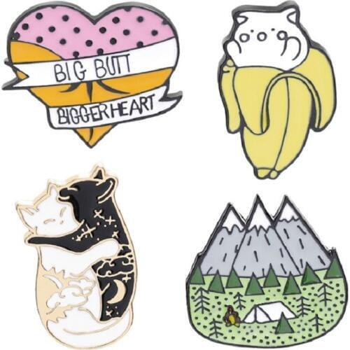 Cartoon Animal Cat Banana Mountain Forest Enamel Brooch Heart Shape Alloy Badge Denim Shirt Bag Punk Pin Jewelry Gift For Friend