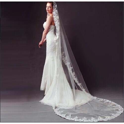 Full Lace Edge Long Bridal Veil One Layer Cathedral Wedding Veil Comb Appliqued White Ivory 3Meters Cheap Wedding Accessories