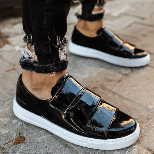 Chekich Men Black Polished Non-Leather Sneakers Velcro Style Shoes Casual Lightweight Daily Design Sewing Base Design Flexible Comfort Running Newest Season Summer & Fall Fashion Flats Formal Wedding CH007 V7