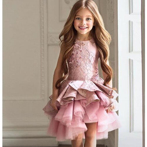 Children Fashion Dress Girl Princess Flower Wedding Pink Dress Kids Girl Perform Costume Catwalk Birthday Party cute Dress