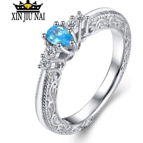 Ethnic Carvings of flower Blue Crystal Rhinestone Women Wedding solid 925 Stamp Silver Propose Engagement Rings Fashion Jewelry
