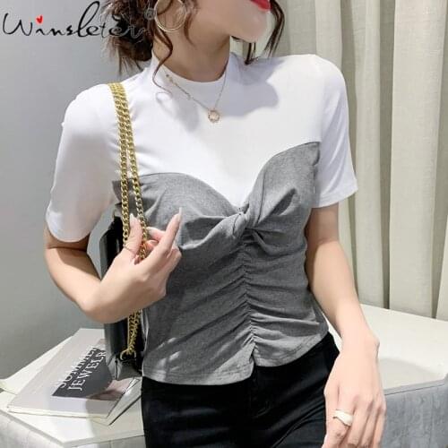 Summer European Style Cotton Drape T-Shirt Fashion Sexy Fake Two Pieces Bowknot Spliced Women Tops Short Sleeve Tees New T16207A
