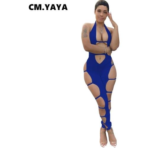 CM.YAYA Women Sexy Cut Out Lace Up Bodycon Jumpsuit Beach Style Halter Neck Backless Night Party Romper Skinny Solid Overalls